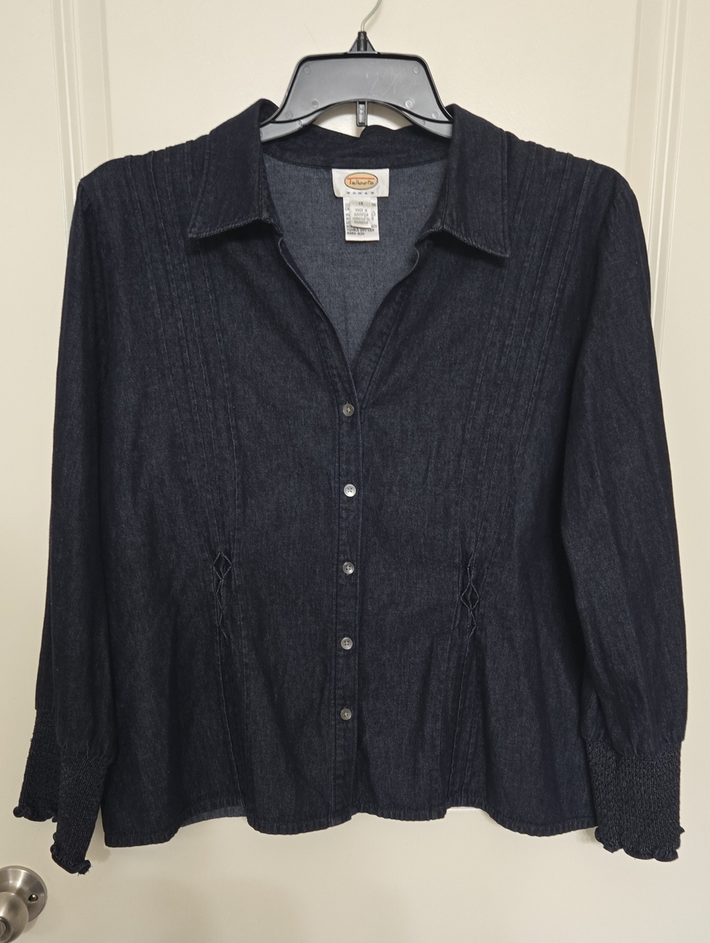 Talbots Dark Blue Denim Button-Front Shirt with Pintuck Details